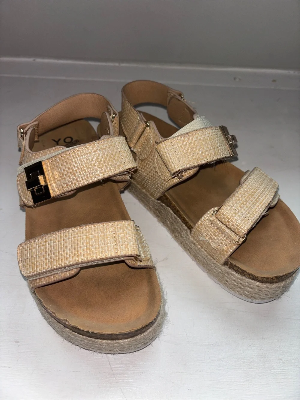 Yoki Beige Woven Platform Sandals with Buckle Straps